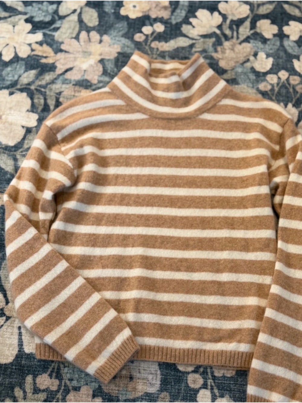 H by Halston Camel and Cream Striped Cashmere Turtleneck